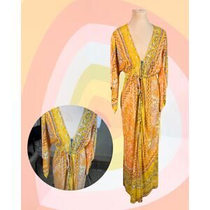 Vintage 60s Lisanne Distinctive Peach Gold Kimono Maxi Kaftan Lounge Dress S